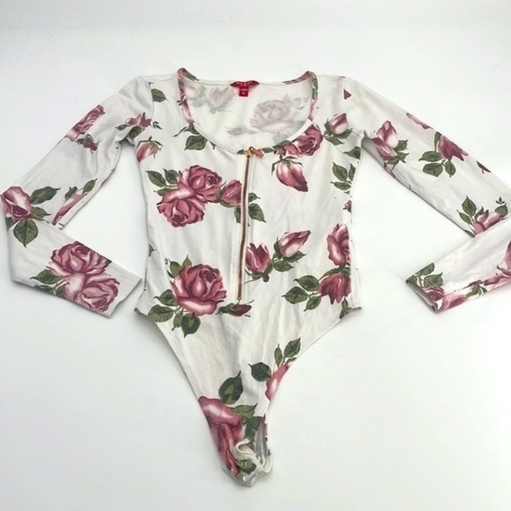 UEC Guess rose print long sleeve rose gold zipper bodysuit XS